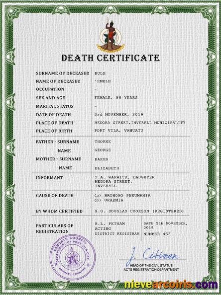 Vanuatu vital record death certificate